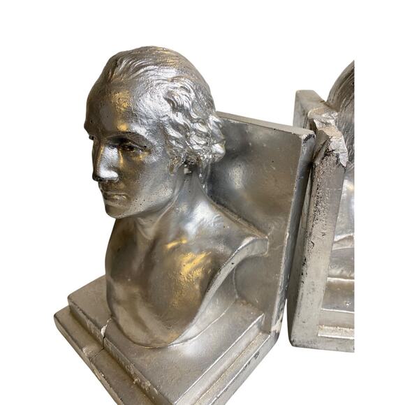 1960 Distressed Pair of Bookends Silver Bust of Washington Plaster Creepy - Picture 4 of 10